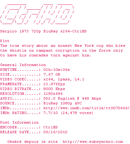 Nfo de la release Serpico.1973.720p.BluRay.x264-CtrlHD