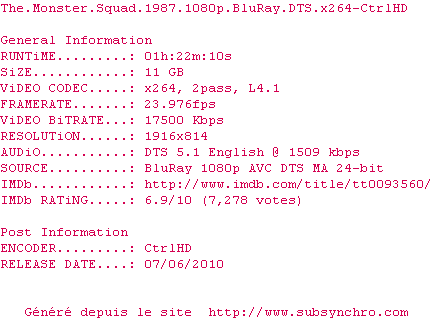 Nfo de la release The.Monster.Squad.1987.1080p.BluRay.DTS.x264-CtrlHD