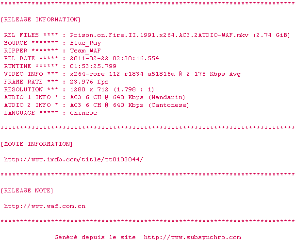 Nfo de la release Prison.on.Fire.II.1991.x264.AC3.2AUDIO-WAF