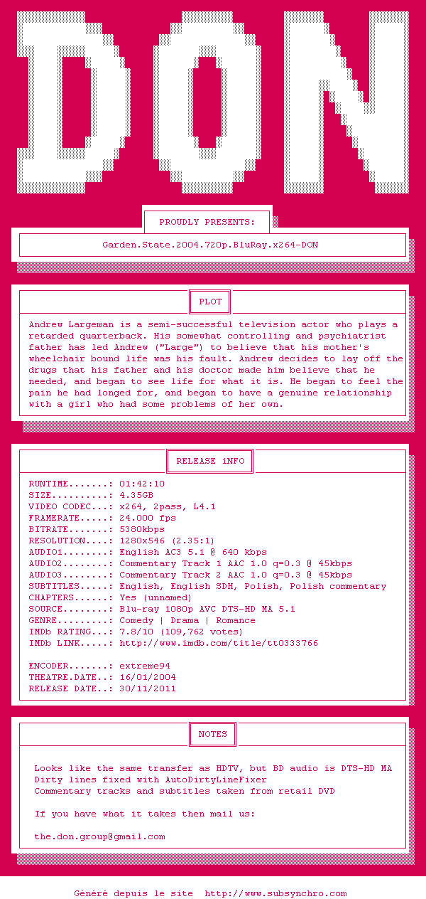 Nfo de la release Garden.State.2004.720p.BluRay.x264-DON