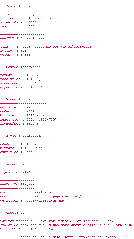 Nfo de la release Bug.2006.720p.HDDVD.x264-REVEiLLE