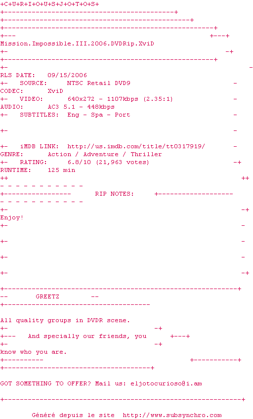 Nfo de la release Mission.Impossible.III.2006.DVDRip.XviD-CuriousJotos