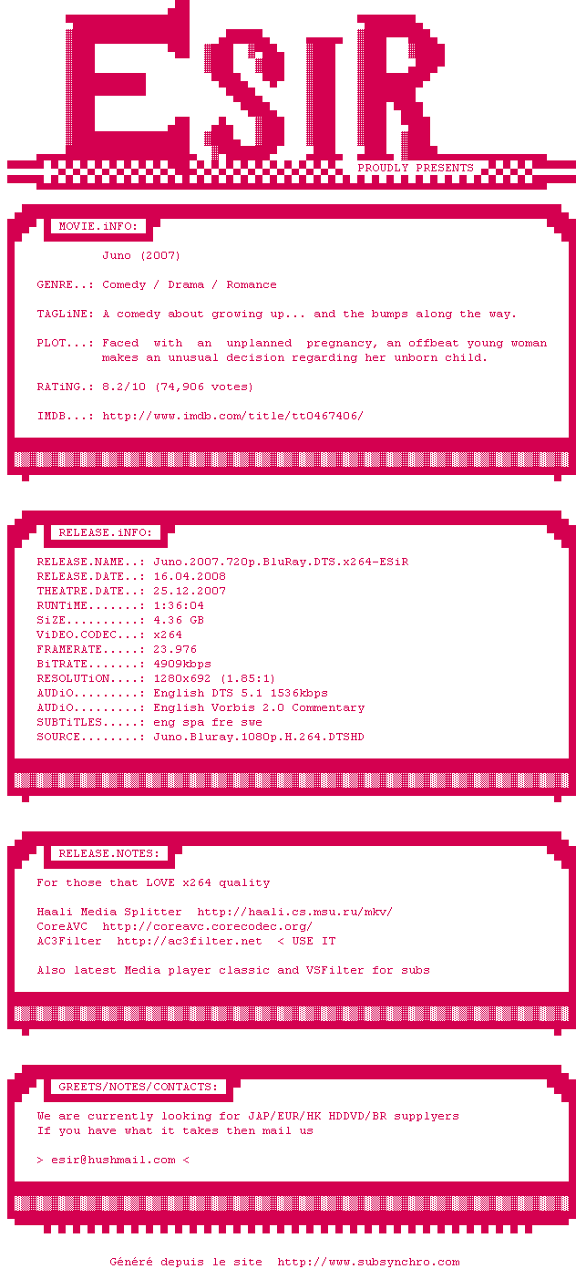 Nfo de la release Juno.2007.720p.BluRay.DTS.x264-ESiR