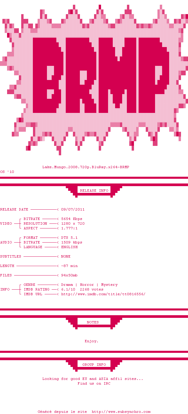 Nfo de la release Lake.Mungo.2008.720p.BluRay.x264-BRMP