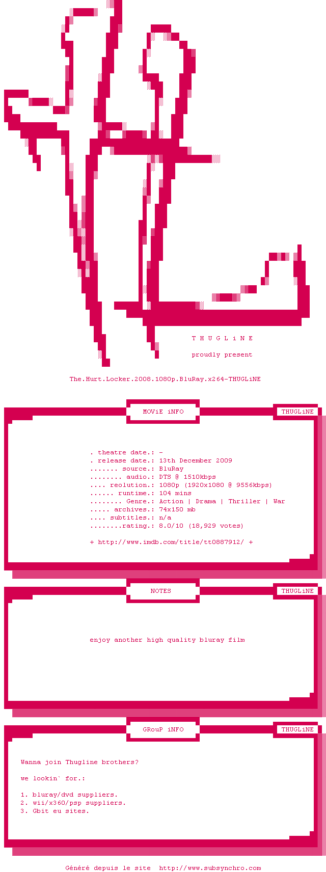 Nfo de la release The.Hurt.Locker.2008.1080p.BluRay.x264-THUGLiNE