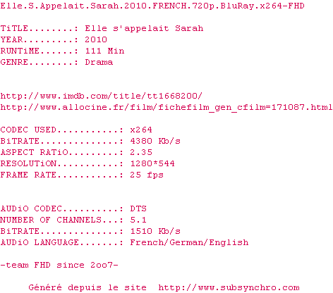 Nfo de la release Elle.S.Appelait.Sarah.2010.FRENCH.720p.BluRay.x264-FHD