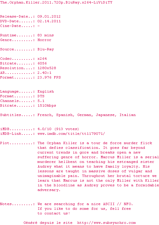 Nfo de la release The.Orphan.Killer.2011.720p.BluRay.x264-LiViDiTY