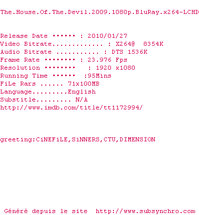 Nfo de la release The.House.Of.The.Devil.2009.1080p.BluRay.x264-LCHD