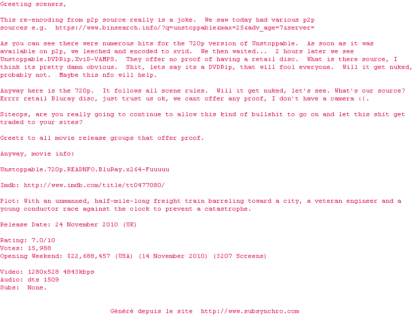 Nfo de la release Unstoppable.2010.720p.READNFO.BluRay.x264-Fuuuuu
