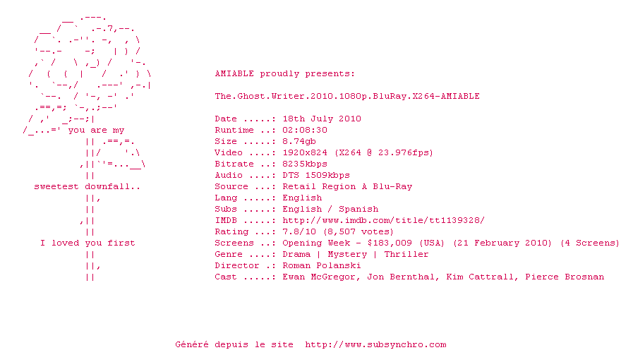 Nfo de la release The.Ghost.Writer.2010.1080p.BluRay.X264-AMIABLE