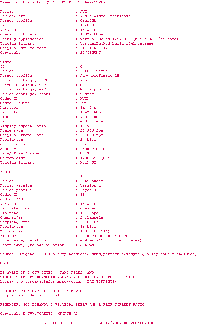 Nfo de la release Season.of.the.Witch.2011.DVDRip.XviD-MAXSPEED