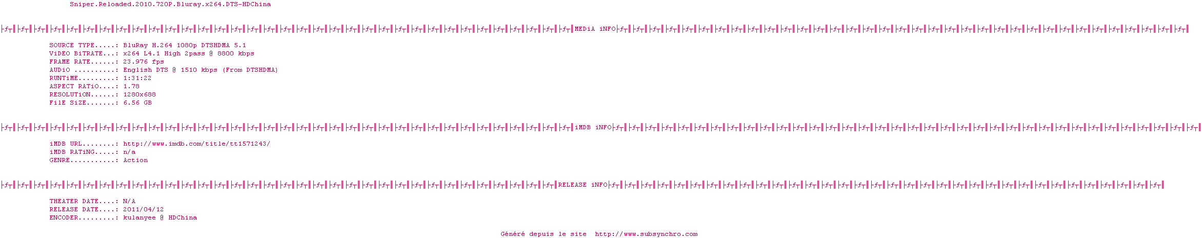 Nfo de la release Sniper.Reloaded.2010.720P.Bluray.x264.DTS-HDChina