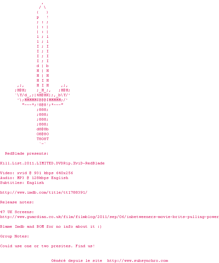 Nfo de la release Kill.List.2011.LIMITED.DVDRip.XviD-RedBlade