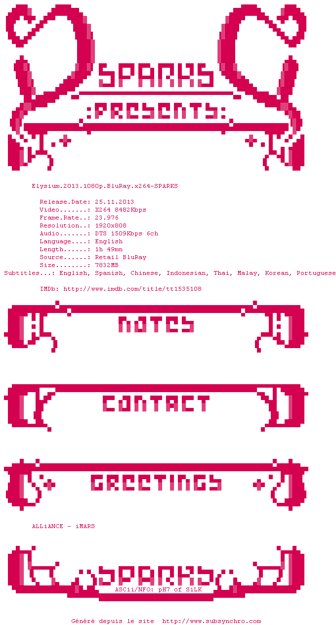 Nfo de la release Elysium.2013.1080p.BluRay.x264-SPARKS