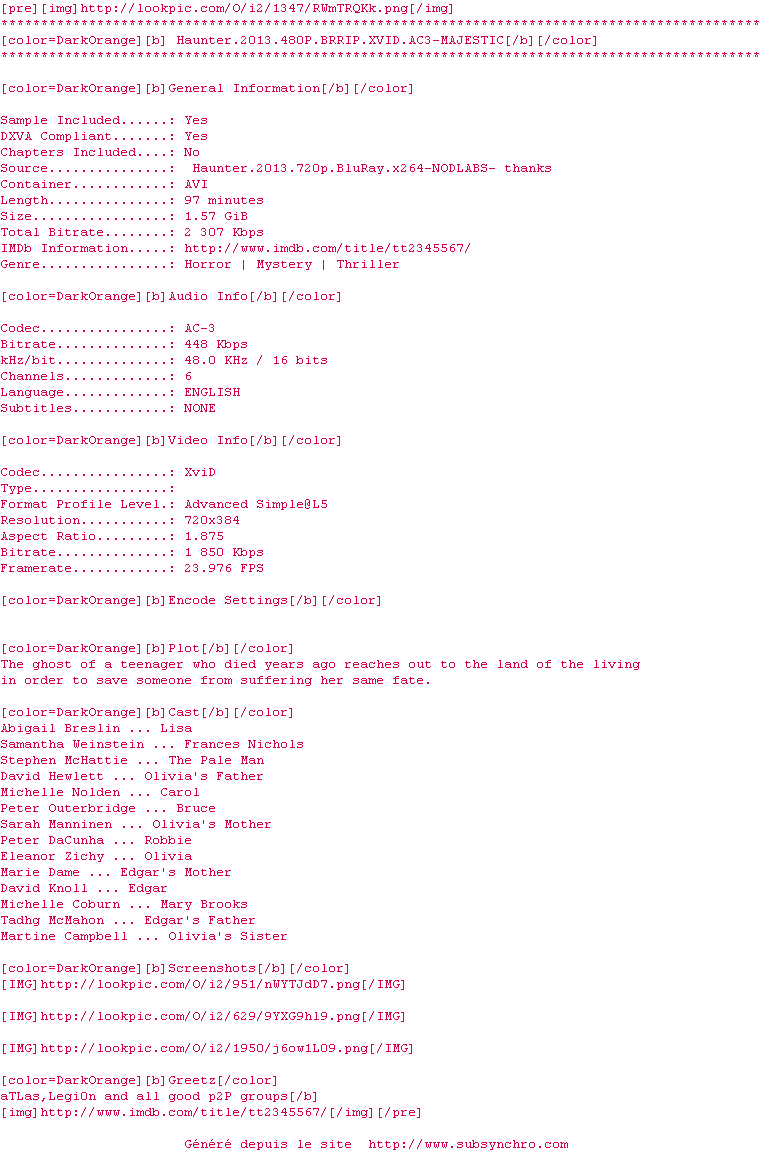 Nfo de la release Haunter.2013.480P.BRRIP.XVID.AC3-MAJESTIC