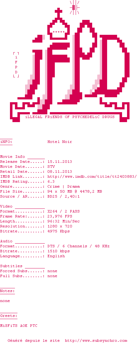 Nfo de la release Hotel.Noir.2012.720p.BluRay.x264-iFPD
