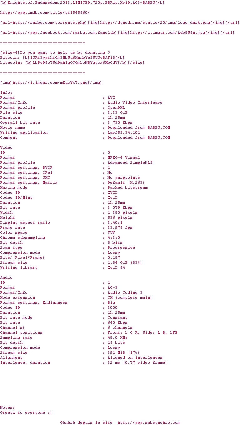 Nfo de la release Knights.of.Badassdom.2013.LIMITED.720p.BRRip.XviD.AC3-RARBG