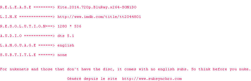 Nfo de la release Kite.2014.720p.BluRay.x264-SONiDO