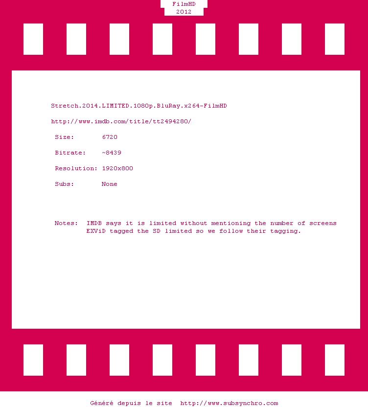 Nfo de la release Stretch.2014.LIMITED.1080p.BluRay.x264-FilmHD