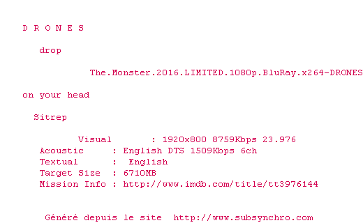 Nfo de la release The.Monster.2016.LIMITED.1080p.BluRay.x264-DRONES