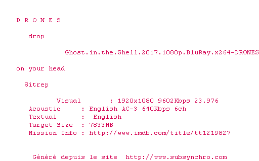 Nfo de la release Ghost.In.The.Shell.2017.1080p.BluRay.x264-DRONES