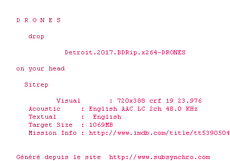 Nfo de la release Detroit.2017.BDRip.x264-DRONES