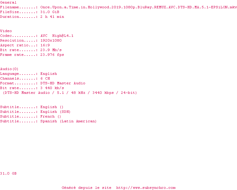 Nfo de la release Once.Upon.A.Time.In.Hollywood.2019.1080p.BluRay.REMUX.AVC.DTS-HD.MA.5.1-EPSiLON