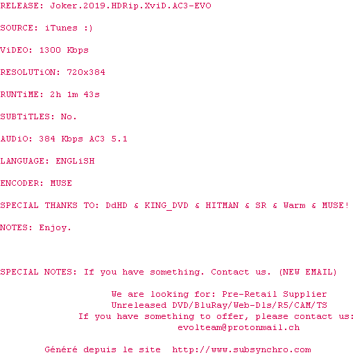 Nfo de la release Joker.2019.HDRip.XviD.AC3-EVO