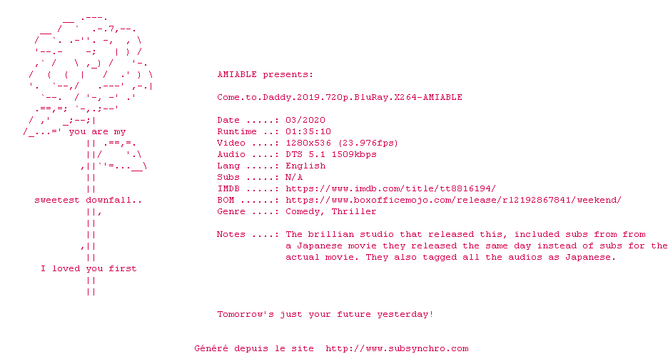 Nfo de la release Come.To.Daddy.2019.720p.BluRay.x264-AMIABLE